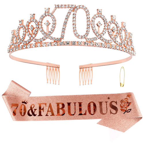 Rose Gold 70th Birthday Sash and Tiara for Women, 70th Birthday Decorations, 70 & Fabulous Sash and Tiara, 70th Birthday Decorations, 70th Birthday Gifts for Women, 70th Birthday Party Favor Supplies