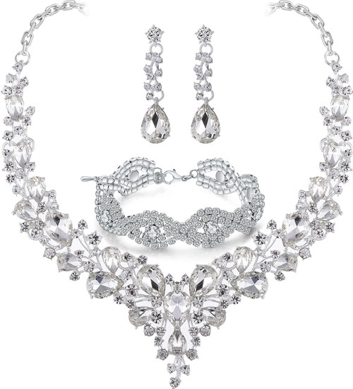 Paxuan Wedding Bridal Prom Crystal Rhinestone Jewelry Set Necklace Earrings Bracelet Sets for bride bridesmaid Wedding (White- Necklace + Earrings + Bracelet)