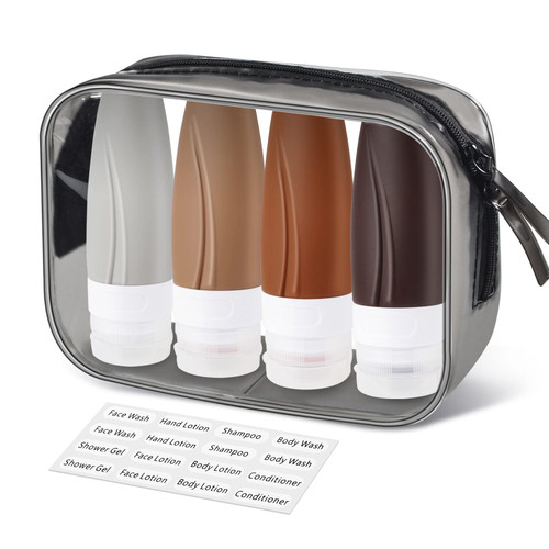 INSFIT Portable Travel Bottles TSA Approved, 2oz Leak Proof BPA Free Silicone Cosmetic Travel Size Toiletry Containers, Squeezable Silicone Tubes, Refillable Bottles for Shampoo 4 Pack Brown