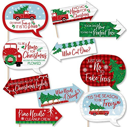 Funny Merry Little Christmas Tree - Red Truck and Car Christmas Party Photo Booth Props Kit - 10 Piece
