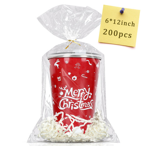 200pcs Clear Cellophane Bags 6x12 Treat Bags with Ties Goodie Bags Clear Gift Bags for Packaging Popcorn Party Favor Cookie Candy Bakery Plastic Gift Wrap