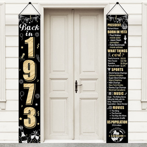Black Gold 50th Birthday Door Banner Decorations for Men Women, Back in 1973 Happy 50 Birthday Porch Sign Party Supplies, Fifty Year Old Birthday Backdrop for Outdoor Indoor