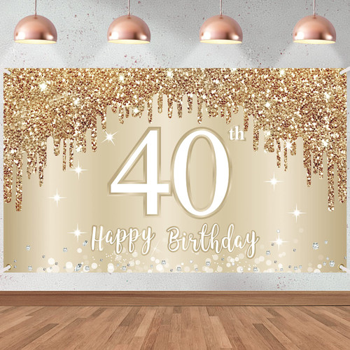 Happy 40th Birthday Banner Backdrop Decorations for Women, Gold White 40 Birthday Sign Party Supplies, Forty Year Old Birthday Photo Booth Background Poster(72.8 x 43.3 Inch)