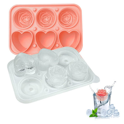 Silicone 3D Rose Ice Cube Molds Pink, Heart Shape Ice Cube Trays with Lid and Built-in Funnel, Easy Releasable Ice Ball Maker for Cocktails Whiskey Bourbon and Homemade Juice
