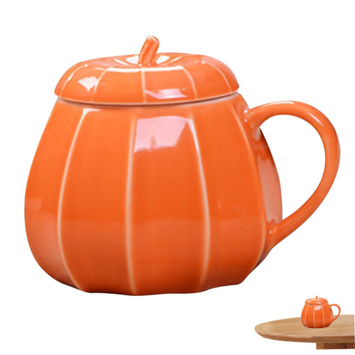 Nirelief Pumpkin Mug with Lid Halloween Ceramic 300ml Fall Pumpkin Cup with Handgrip Thanksgiving Harvest Halloween Mug Halloween Cups Autumn Mug for Water Coffee Milk Drinks
