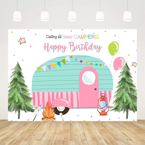 Ticuenicoa Camping Birthday Backdrop Birthday Party Decoration Safari Forest Backdrops Happy Camper Supplies Tent Campfire Camping Theme Party Background 5x3ft