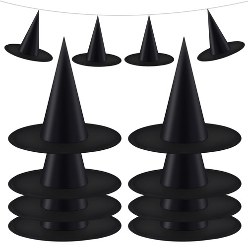 KIMOBER 12PCS Halloween Costume Witch Hat,Black Witch Costume Accessory with Hanging Rope for Yard Decoration Halloween Cosplay Party Supplies