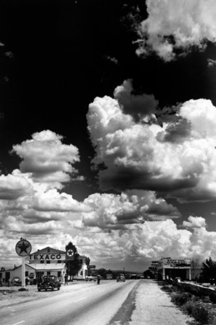Buyartforless Route 66 Texaco Gas Station and Clouds 36x24 Photograph Art Print Poster Wall D'cor Retro Travel Black and White