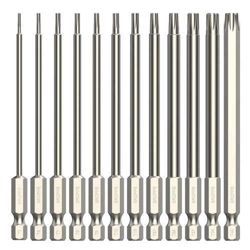 BROPPE 12 Piece Torx Head Screwdriver Bit Set, 1/4 Inch Hex Shank, Sizes T5 to T40, S2 Steel, Magnetic, 4 Inch Long Drill Bits