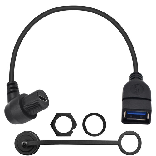 Duttek Right Angle USB3.0 Panel Flush Mount Waterproof Extension Cable, USB 3.0 Female to USB Type C 3.0 Female Car Mount Dash Flush Waterproof Extension Cable for Car, Boat, Motorcycle?1FT/30CM ?
