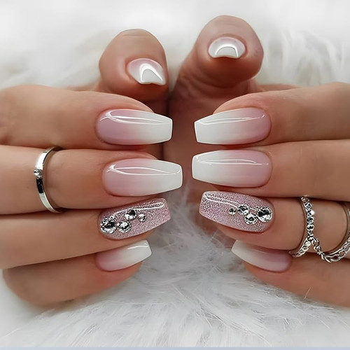 Pikabows Press on Nails Medium Coffin Nude Natural Rhinestone Gradient Pink Glitter Fake Nails Acrylic False Nail Tips Kit Glue on Nails for Women 24PCS