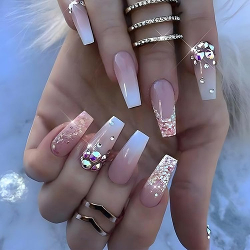 Pikabows Press on Nails Long Coffin Nude Pink Gradient Sequin Ombre Gift Fake Nails Acrylic False Nail Tips Kit Glue on Nails for Women 24PCS
