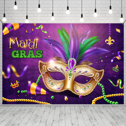 Mardi Gras Backdrop-Masquerade Party Decorations Purple Mardi Gras Banner Vinyl Background Mask Carnival Backdrop for Photography