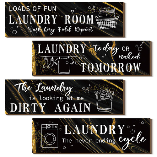 Laundry Room Decor Laundry Room Wooden Sign Funny Sign Wall Plaque Rustic Farmhouse Laundry Wall Decor Vintage Bathroom Wall Sign Laundry Rules Hanging Decor for Bathroom, 4 Pieces (Marble Black)