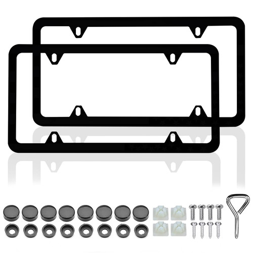 Matte Black License Plate Frames - 2 Pack Black Car Plate Frames, Universal Aluminum 4 Holes License Plate Frame for Front and Rear Car Tags.