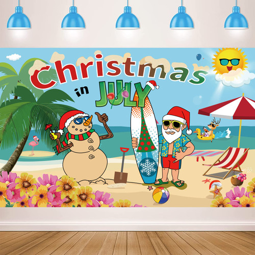 Christmas in July Banner Backdrop Decorations, Hawaii Mele Kalikimaka Christmas Backdrop Banner Beach Pool Summer Santa Background Decorations
