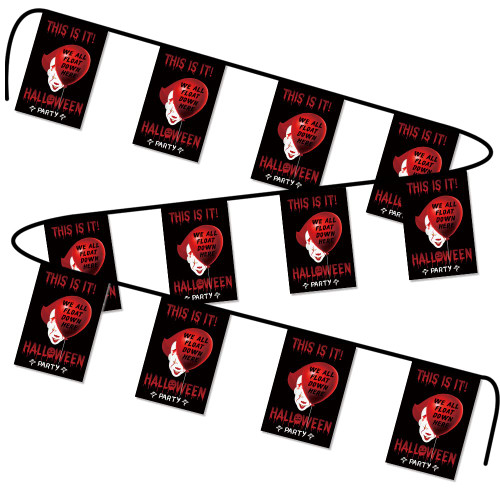 We All Float Down Here Pennywise String Flags Banner Horror Movie Halloween Banner It Pennywise Scary Clown String Flags Banner Indoor and Outdoor Hanging Decorations Halloween Party Supplies
