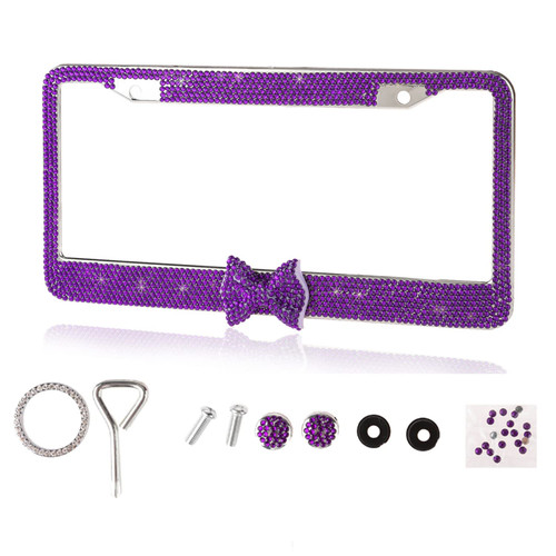 Fashion Sparkle Purple with Purple Bowknot Design Crystal License Plate Frames,Exclusive Bling License Plate Holder,Waterproof Rhinestone License Plate Cover for Women(1 Frame)