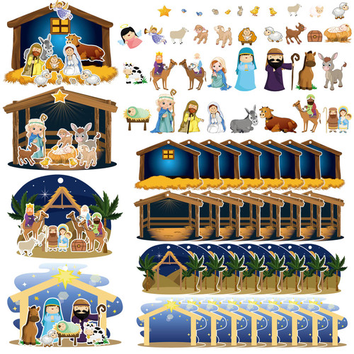 Make a Nativity Scene Sticker Cardboard Ornament Craft Kit Christmas Nativity Stickers with Nativity Scene Cardboard and Rope Funny Christmas Crafts for Religious Kids Party Favor (32 Sheets)