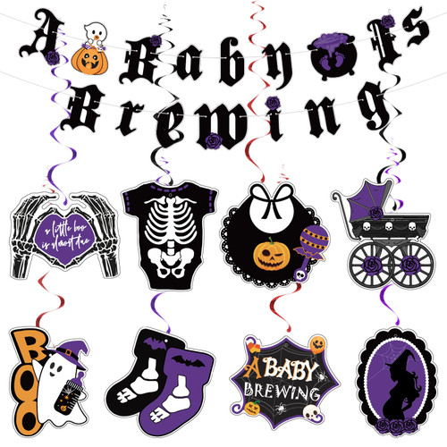 Halloween Baby Shower Party Decorations A Baby Is Brewing Banner Baby Gender Reveal Decorations Halloween Hanging Swirls