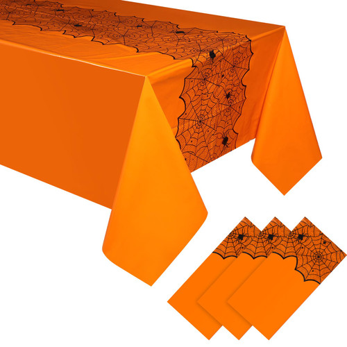 Mixweer 3 Pcs Halloween Disposable Tablecloth 54 x 108 Inch Plastic Tablecloth Rectangular Tablecloths Waterproof Tablecloths Spider Web Pattern Tablecloths for Home Banquet Parties (Orange)