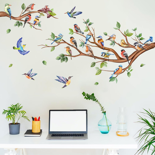 Bird on Tree Branch Wall Sticker, AUHOKY Removable Green Leaf Hummingbirds Decal Decor, DIY Flying Bird Art Murals Paper for Nursery Bedroom Living Room Office Bathroom Home Decoration (A)