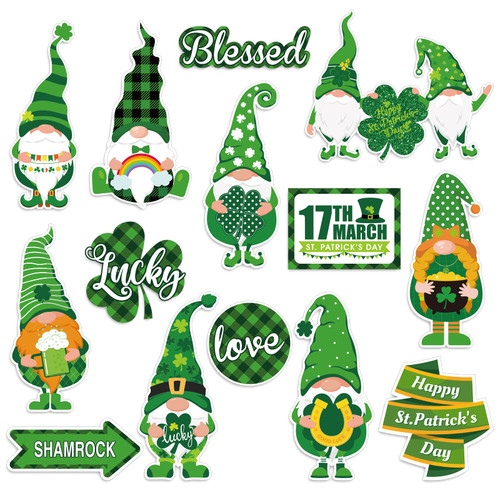 Whaline 42Pcs St. Patrick's Day Cut-Outs Lucky Dwarf Gnome Paper Cut Outs with 100Pcs Glue Points St. Patrick's Day Classroom Bulletin Board Decoration for Farmhouse Home Party Wall Door