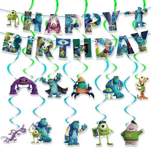 Monsters Inc Birthday Party Decorations, Happy Birthday Banner with Hanging Swirls Ceiling Streamers Decorations for Kids Monsters Inc Party Supplies