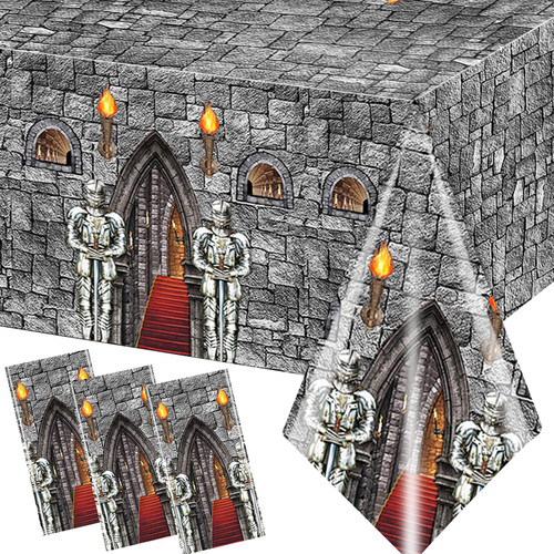 HAKOTI Knight Tablecloth,Medieval Times Theme Party Decorations 3pcs Waterproof Rectangle Cobblestone Table Covers Plastic Brick Wall Tablecloth for Knight Castle Party Supplies
