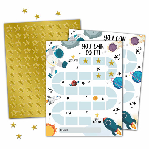Outer Space Reward Chart, Astronaut Sticker Chart for Kids, Task Reward Behavior Chart, Incentive Chart for Kids Classroom Teaching or Home Using -10 Reward Chart & 216 Golden Star Stickers(A01)