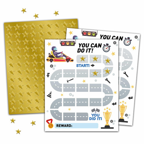 Racing Car Reward Chart, Race Car Sticker Chart for Kids, Task Reward Behavior Chart, Incentive Chart for Kids Classroom Teaching or Home Using -10 Reward Chart & 216 Golden Star Stickers(A04)