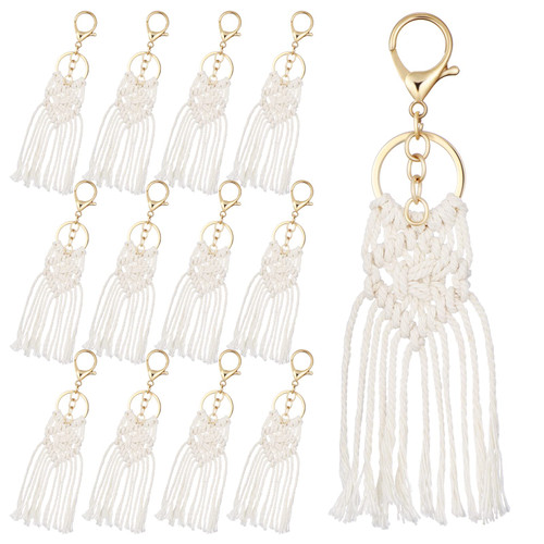 12 Pieces Mini Macrame Keychains Boho Macrame Bag Charms Aesthetic Keychain Cute Handcrafted Keychain Bohemian Keychains for Women Bridesmaid Gift Car Key Purse Phone Supplies, Beige