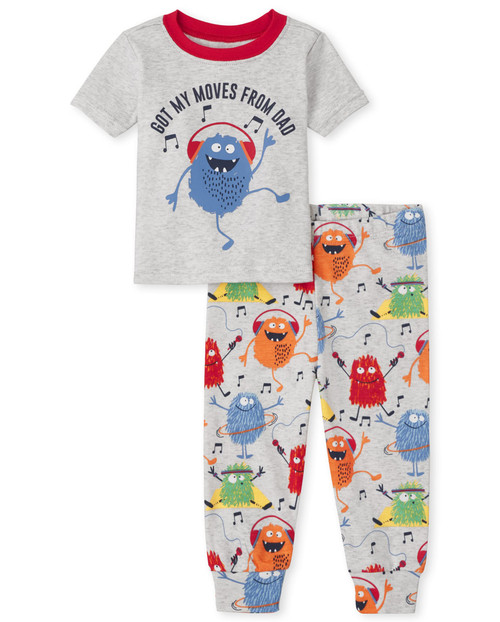 The Children's Place Unisex Baby and Toddler Short Sleeve Top and Pants Snug Fit 100% Cotton 2 Piece Pajama Sets, Monster, 3-6 Months