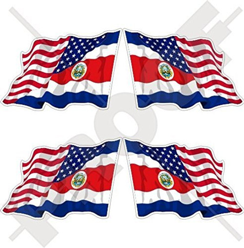 USA United States of America & COSTA RICA Tico, American-Costa Rican State Flying Flag 2" (50mm) Vinyl Bumper Stickers, Decals x4 (Left-Right)