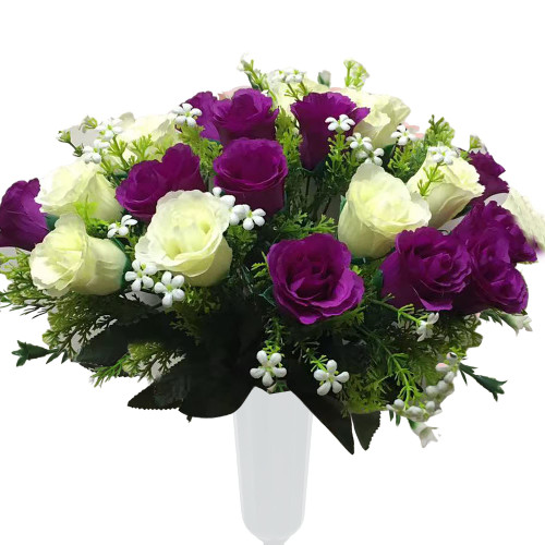 Gritech Artificial Cemetery Rose Flowers for Outdoor Grave Decorations & Memorials- Beautiful Arrangements for Headstones (1, Purple/White)