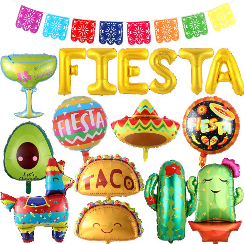 Mexican Fiesta Balloons for Fiesta Party Decorations,17PCS Cinco De Mayo Balloons Taco Cactus Llama Avocado Balloons Mexican Party Papel Picado Banner for Fiesta Taco Luau Party Decorations (Foil Balloons)