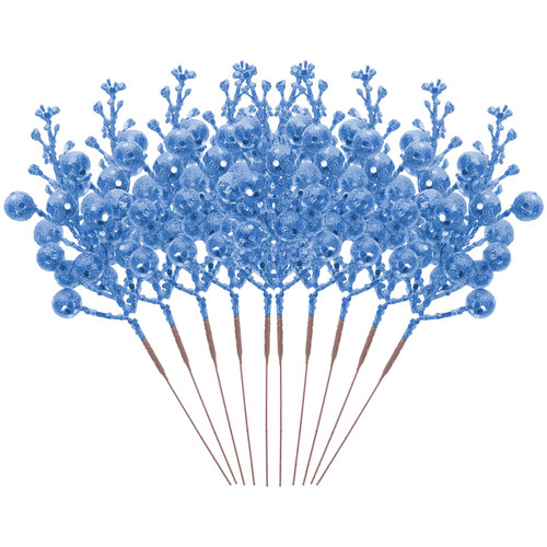Garneck 10Pcs Artificial Glitter Berry Stems, Christmas Artificial Berry Picks Blue Artificial Berry Twig Stems for Christmas Tree Ornaments Wreath Crafts