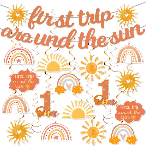 First Trip Around the Sun Birthday Decorations, Boho Sun 1st Birthday Decorations Include First Trip Around the Sun Banner and Hanging Swirls, Sun Theme 1st Birthday Party Supplies