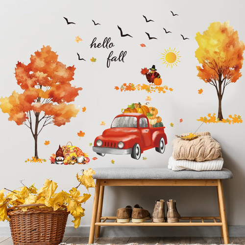 Fall Tree Wall Sticker Autumn Pumpkin Wall Decal DIY Red Truck Wall Stickers Removable Gnome Turkey Fall Scenery Wall Decal Maple Leaves Thanksgiving Wall Mural for Room