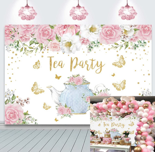 Tea Party Backdrop Pink Rose Floral Gold Butterfly Teapot Let's Partea Background Spring Girl Princess Wonderland Afternoon Tea Cake Table Decorations Supplies 7x5FT