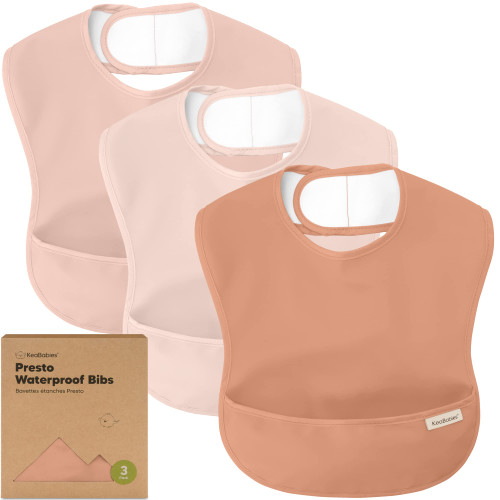 3-Pack Waterproof Baby Bibs for Eating - Lightweight Baby Bib with Food Catcher, Mess Proof Toddler Bibs, Waterproof Bibs for Baby Boys, Baby Girls, Feeding Bibs, Drool Bibs, Baby Food Bibs (Fawn)