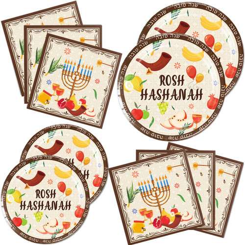 Foxercases 48Pack Rosh Hashanah Party Supplies Taableware Set Include 24 Rosh Hashanah Plates 24 Napkins for Jewish New Year Decoration