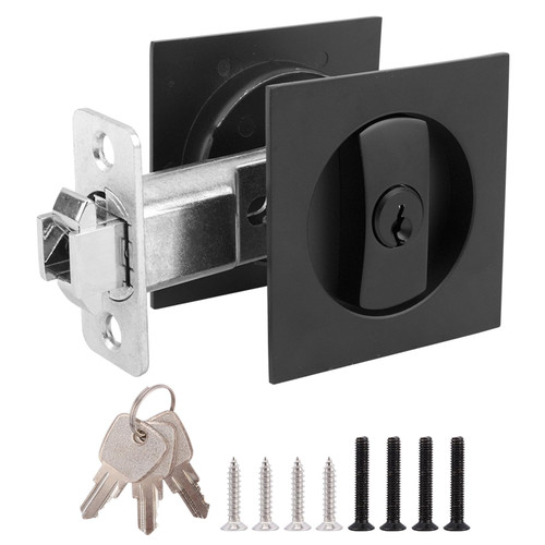 LOQJSS Pocket Door Hardware, Privacy Sliding Door Lock with Pull, Matte Contemporary Sliding Pocket Door Lock(Black)(Black)