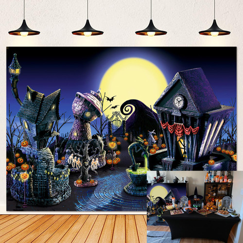 Halloween Backdrop Halloween Night Moon Bat Pumpkin Scary Graveyard Lantern Photography Background for Children Halloween Party Decoration Banner Photo Supplies (7x5ft)