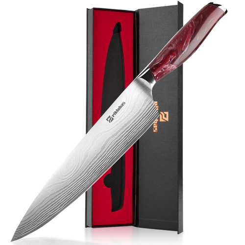 Piklohas Chef Knife, 8 Inch Ultra Sharp Professional Kitchen Knife, German High Carbon Stainless Steel With Damascus Pattern Chef's Knife, Cutting Knife With Ergonomic Handle House Warming Gifts