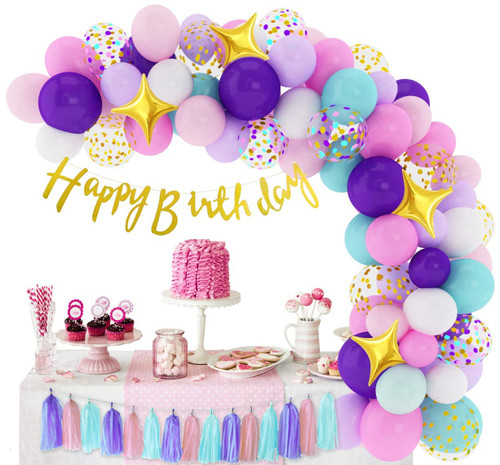 Amandir 140Pcs Unicorn Birthday Balloons Arch Garland Kit, Confetti Latex Foil Purple Pink Balloons Happy Birthday Banner Tassels for Unicorn Birthday Decorations for Girls Party Supplies