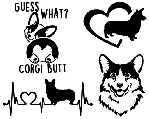 Corgi Decals 4 Pack: Guess What Corgi Butt, Pembroke Welsh Corgi Heart, Corgi Heartbeat, Detailed Corgi Face Decals (Large ~5", Black) Corgi Decals 4 Pack: Guess What Corgi Butt, Pembroke Welsh Corgi Heart, Corgi Heartbeat, Detailed Corgi Face Decals (Large ~5", Black)