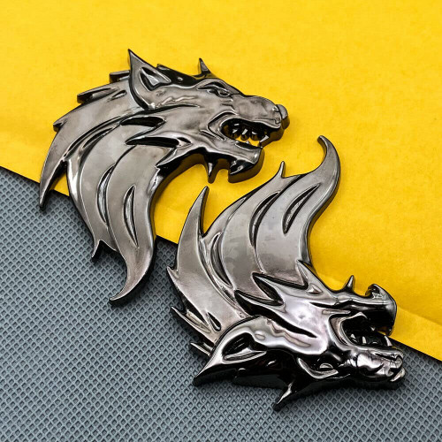 2Pcs Wolf Head 3D Metal Car Side Fender Rear Trunk Emblem Badge Sticker Decals for Mustang Chevrolet (Gold)