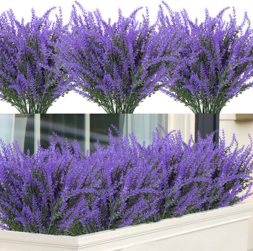 12 Bundles Fake Flowers Artificial Lavender Faux Plastic Plants for Home Wedding Decor Kitchen Garden Patio Porch Window Box Office Table Centerpieces Indoor Outdoor Decorations (Purple)