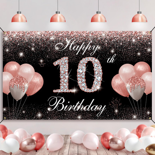 HTDZZI 10th Birthday Decorations for Girls Rose Gold, Happy 10th Birthday Backdrop Banner, Double Digits 10 Year Old Birthday Party Yard Sign Photo Props Background Decor Supplies, Fabric